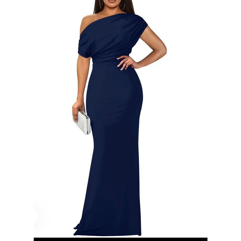 LuFeng Women’s Size M Off Shoulder Long Gown Blue Draped Elegant Formal Event